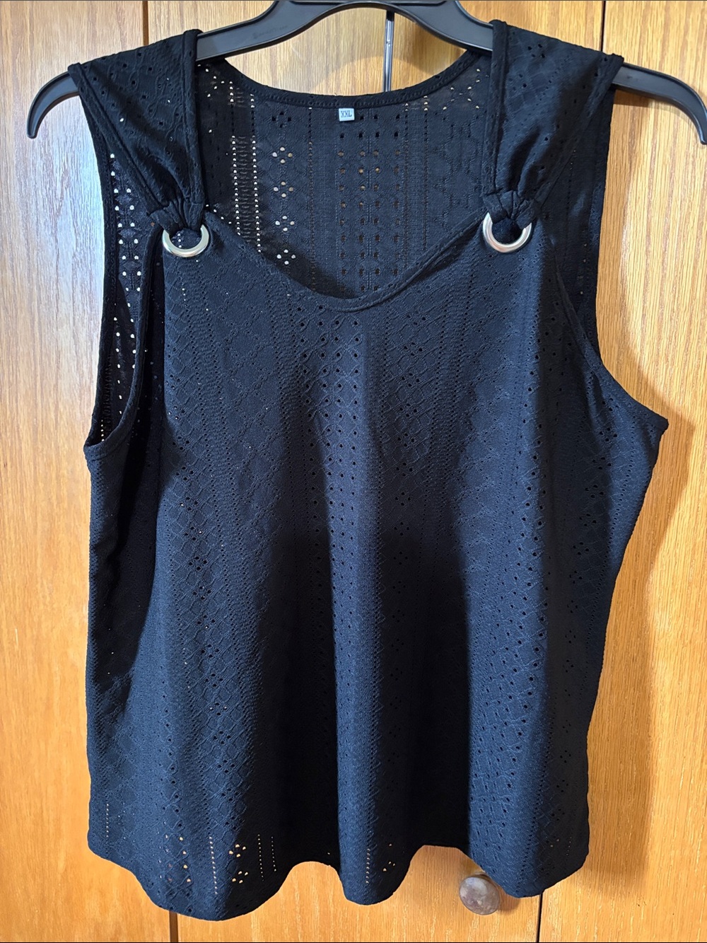 Women’s Black Eyelet Knot-Shoulder Tank with Metal Ring Detail - Picture 1 of 5